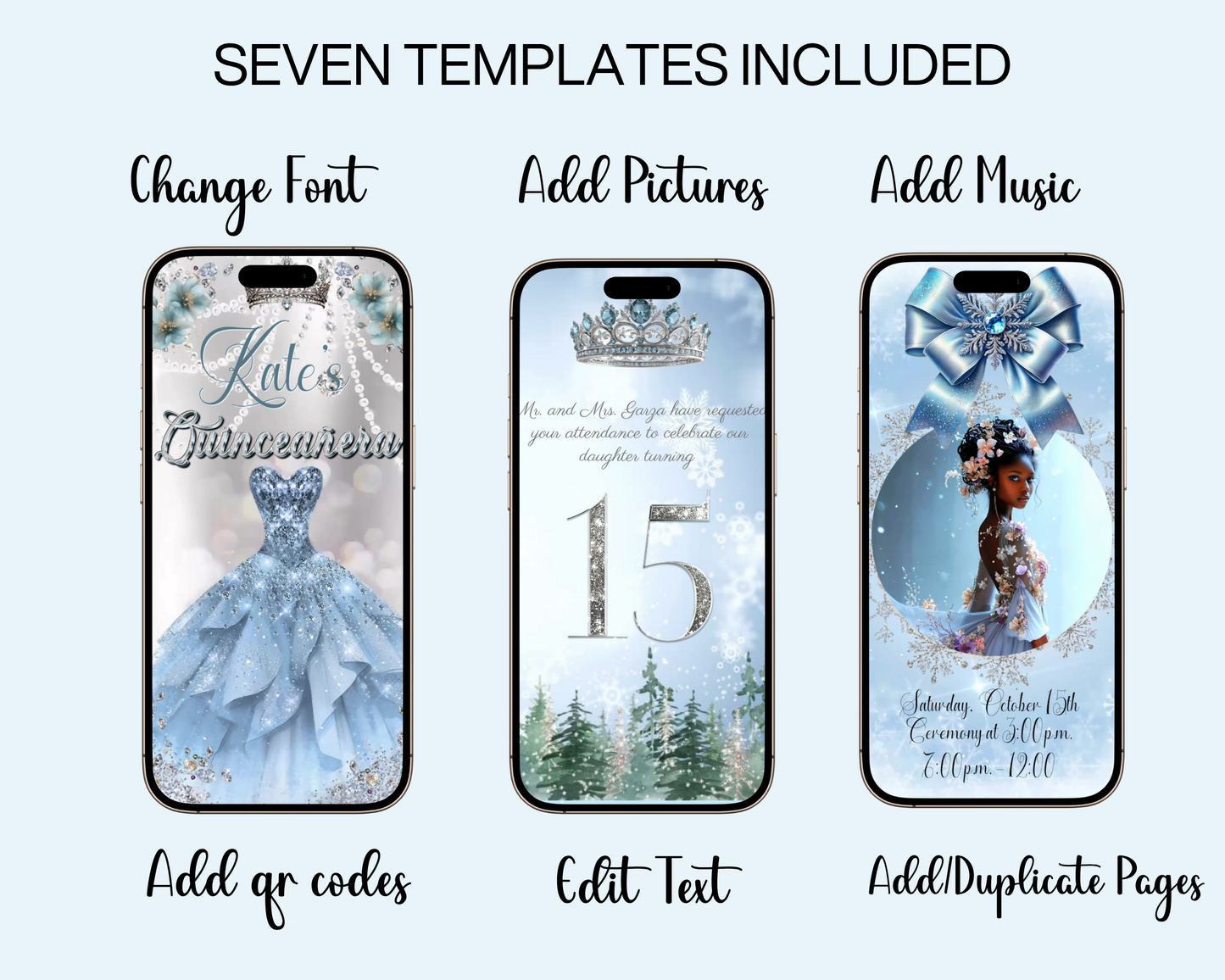 Editable Winter Wonderland Quinceañera Invitation Video – Sweet 15 Blue Snowflake Theme with Tiara, Ball Gown, and Personalized Photo | Animated MP4 Evite for Mobile Sharing | Instant Digital Download for Teen Girl’s Birthday