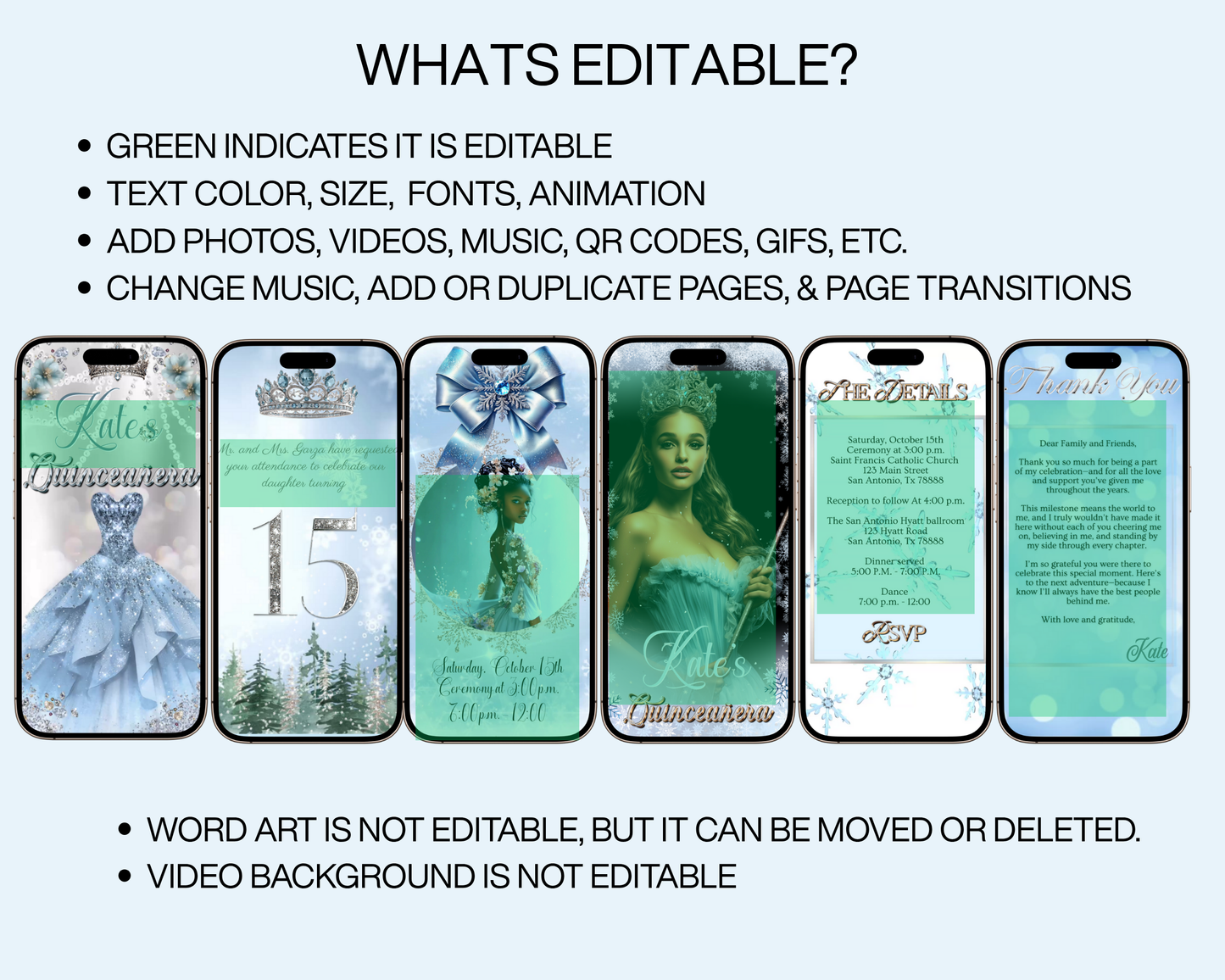 Editable Winter Wonderland Quinceañera Invitation Video – Sweet 15 Blue Snowflake Theme with Tiara, Ball Gown, and Personalized Photo | Animated MP4 Evite for Mobile Sharing | Instant Digital Download for Teen Girl’s Birthday
