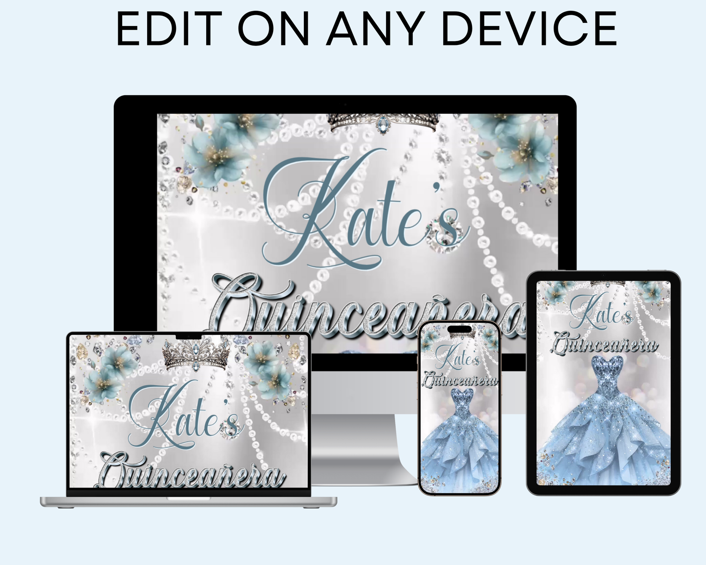 Editable Winter Wonderland Quinceañera Invitation Video – Sweet 15 Blue Snowflake Theme with Tiara, Ball Gown, and Personalized Photo | Animated MP4 Evite for Mobile Sharing | Instant Digital Download for Teen Girl’s Birthday