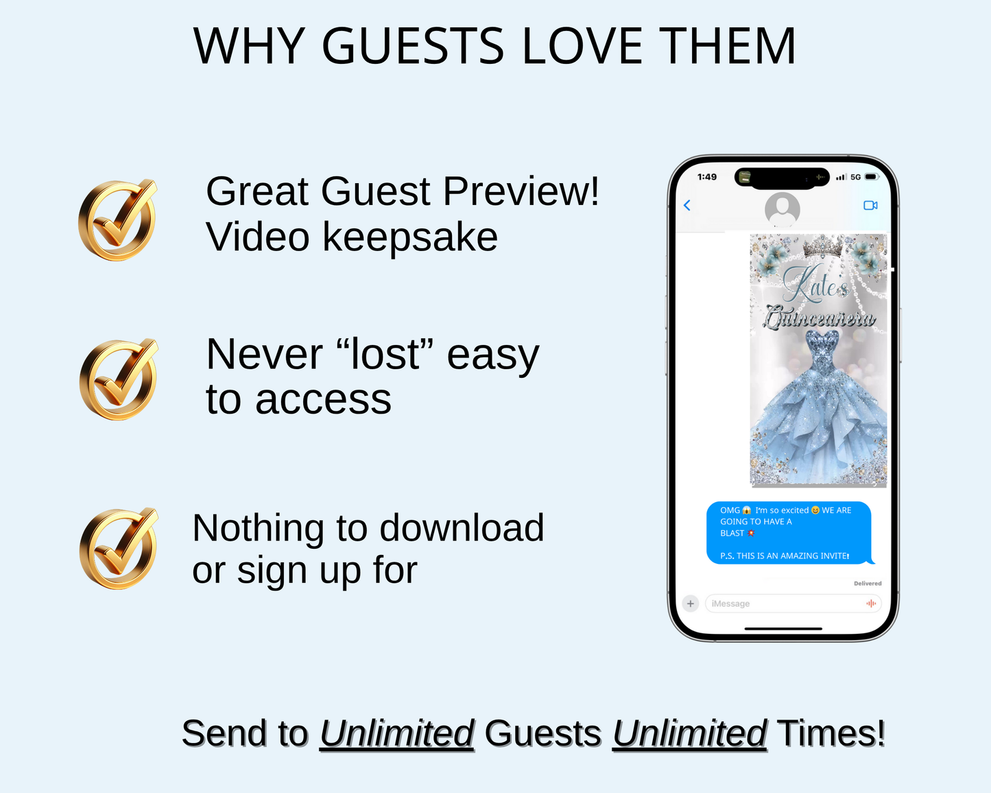 Editable Winter Wonderland Quinceañera Invitation Video – Sweet 15 Blue Snowflake Theme with Tiara, Ball Gown, and Personalized Photo | Animated MP4 Evite for Mobile Sharing | Instant Digital Download for Teen Girl’s Birthday