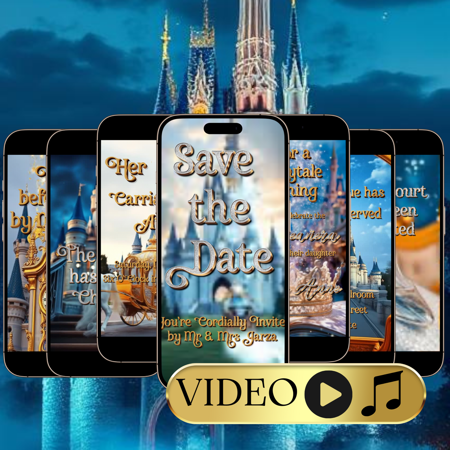 Celebrate in true fairytale style with this Royal Princess Cinderella-Inspired Video Invitation. Featuring a magical castle, golden lettering, and enchanting animations, this digital invite is perfect for Quinceañeras, Sweet 16 parties, weddings, and birthdays. Each invitation is fully personalized with your details, includes music, and is delivered in stunning HD within 24 hours. Share easily via text, email, WhatsApp, or social media for an unforgettable guest experience.