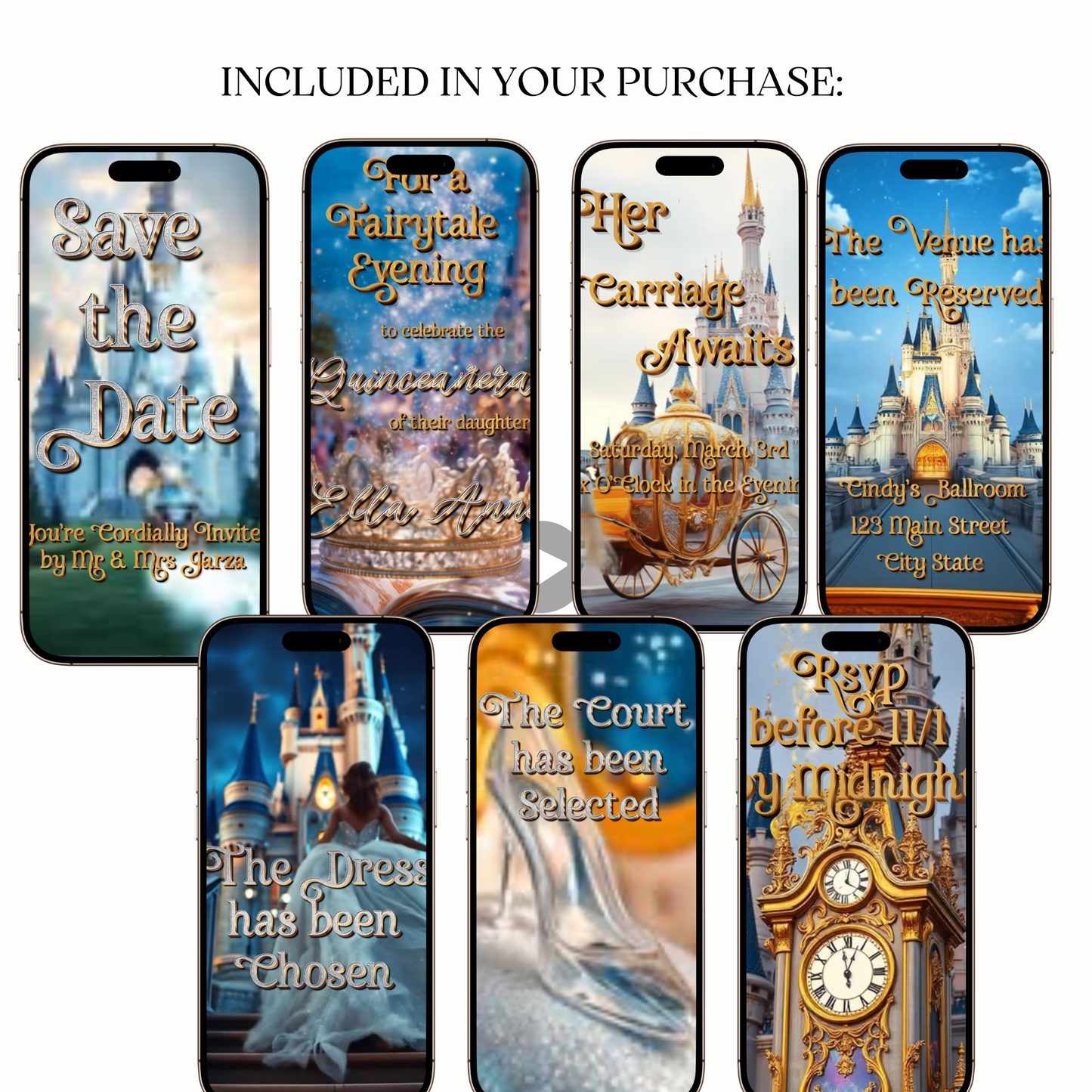 Celebrate in true fairytale style with this Royal Princess Cinderella-Inspired Video Invitation. Featuring a magical castle, golden lettering, and enchanting animations, this digital invite is perfect for Quinceañeras, Sweet 16 parties, weddings, and birthdays. Each invitation is fully personalized with your details, includes music, and is delivered in stunning HD within 24 hours. Share easily via text, email, WhatsApp, or social media for an unforgettable guest experience.