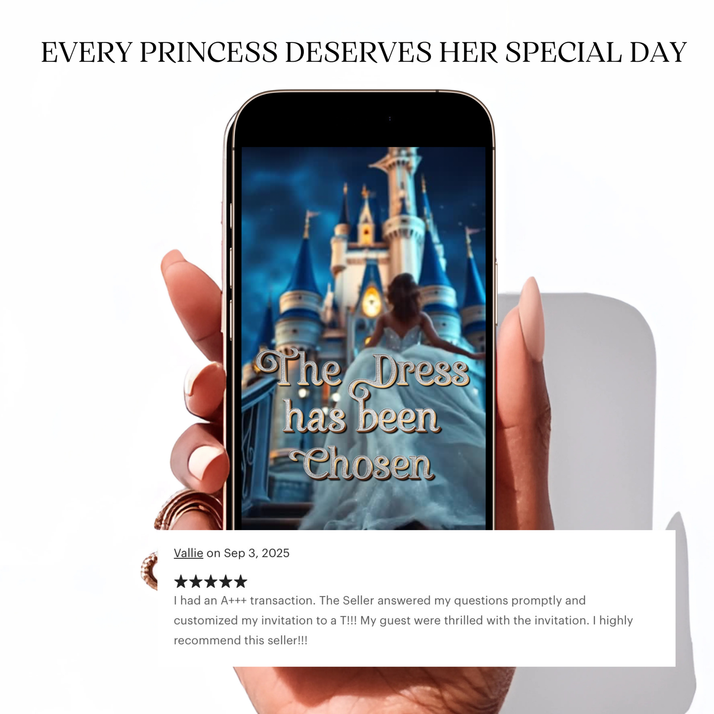 Celebrate in true fairytale style with this Royal Princess Cinderella-Inspired Video Invitation. Featuring a magical castle, golden lettering, and enchanting animations, this digital invite is perfect for Quinceañeras, Sweet 16 parties, weddings, and birthdays. Each invitation is fully personalized with your details, includes music, and is delivered in stunning HD within 24 hours. Share easily via text, email, WhatsApp, or social media for an unforgettable guest experience.
