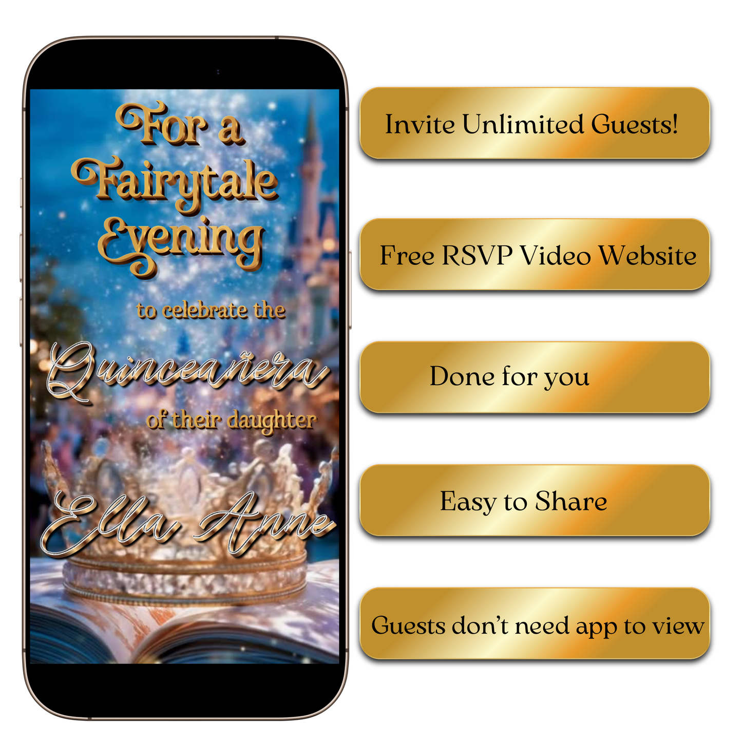 Celebrate in true fairytale style with this Royal Princess Cinderella-Inspired Video Invitation. Featuring a magical castle, golden lettering, and enchanting animations, this digital invite is perfect for Quinceañeras, Sweet 16 parties, weddings, and birthdays. Each invitation is fully personalized with your details, includes music, and is delivered in stunning HD within 24 hours. Share easily via text, email, WhatsApp, or social media for an unforgettable guest experience.