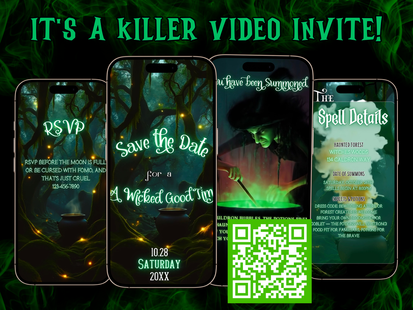 Witch Video Invitation - Halloween Party Evite - Green Witch Cauldron Party Mobile Evite