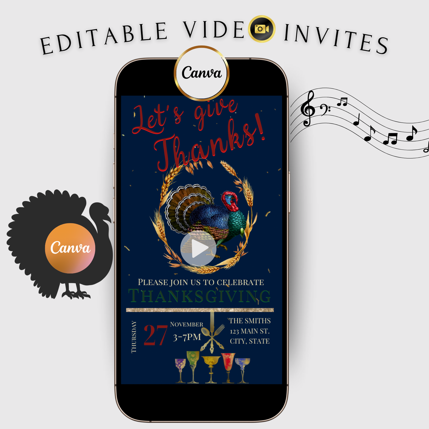 Editable Thanksgiving Video Invitation – Vintage Animated Friendsgiving Digital Evite