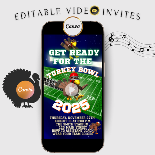 Editable Thanksgiving Football Video Invitation – Turkey Bowl Football Digital Evite