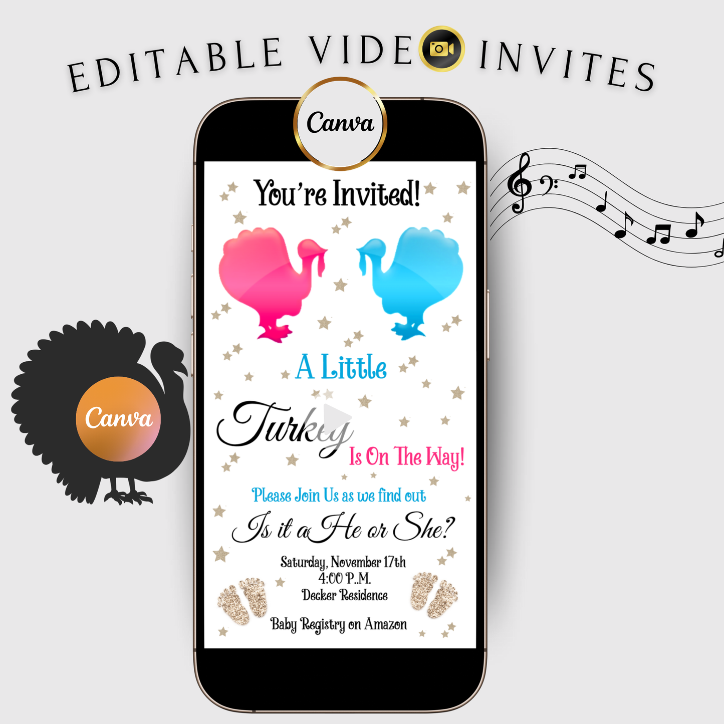 Gender Reveal Thanksgiving Video Invitation - What will the little Turkey be evite