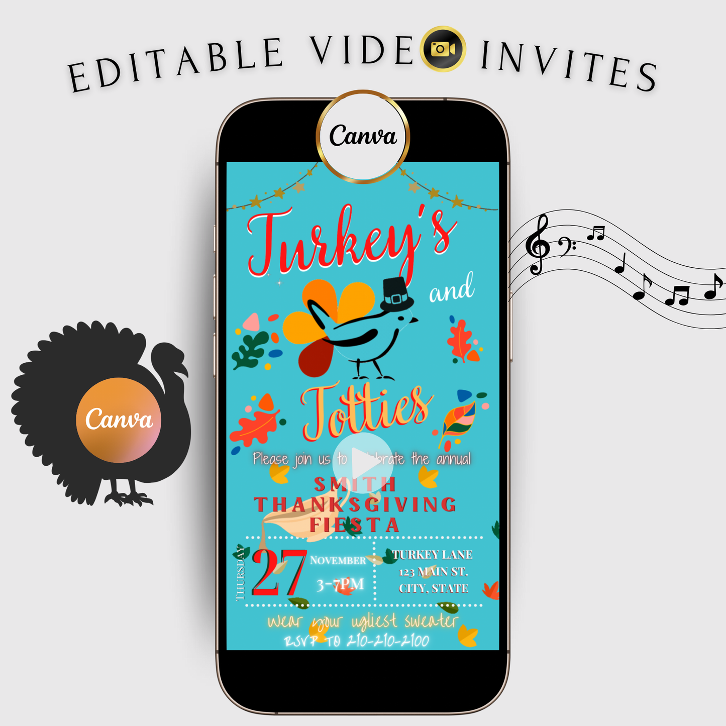 Editable Thanksgiving Video Invitation – Friendsgiving Dinner Digital Evite with Music– Turkeys and Toddies MobileEvite