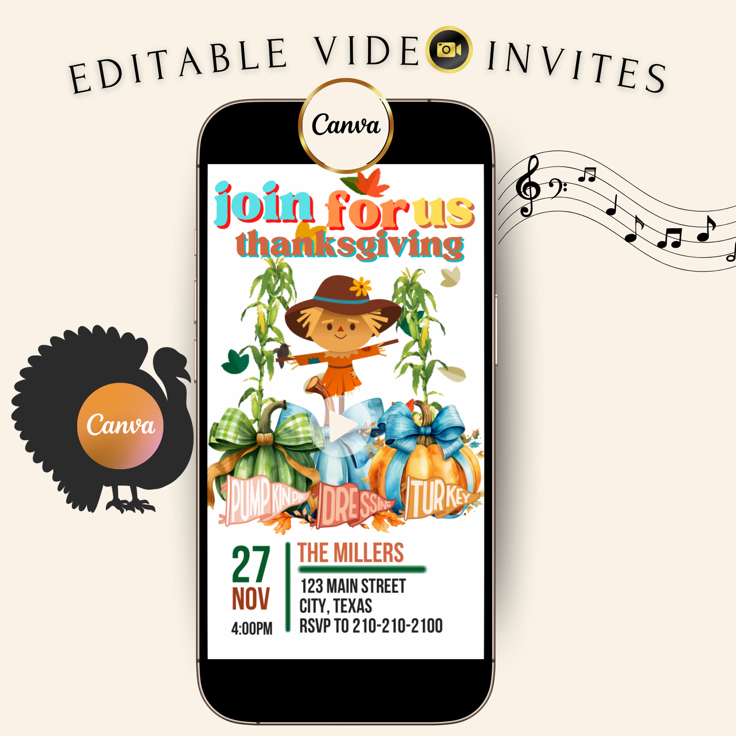 Editable Thanksgiving Video Invitation – Fall Harvest Autumn Invite - Animated Friendsgiving Digital Evite