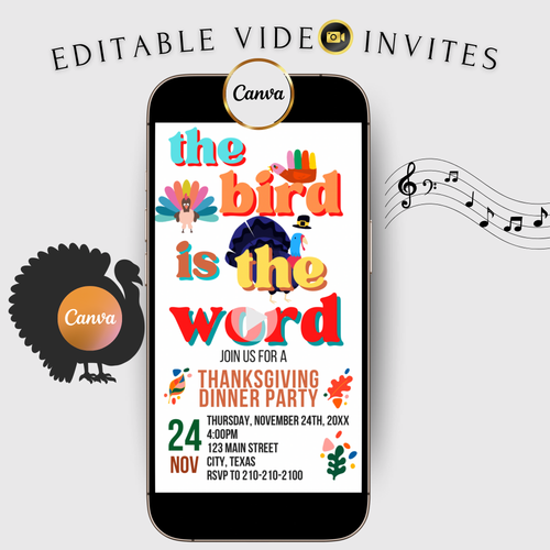 Editable Thanksgiving Video Invitation – Friendsgiving Digital Evite - Bird is the word