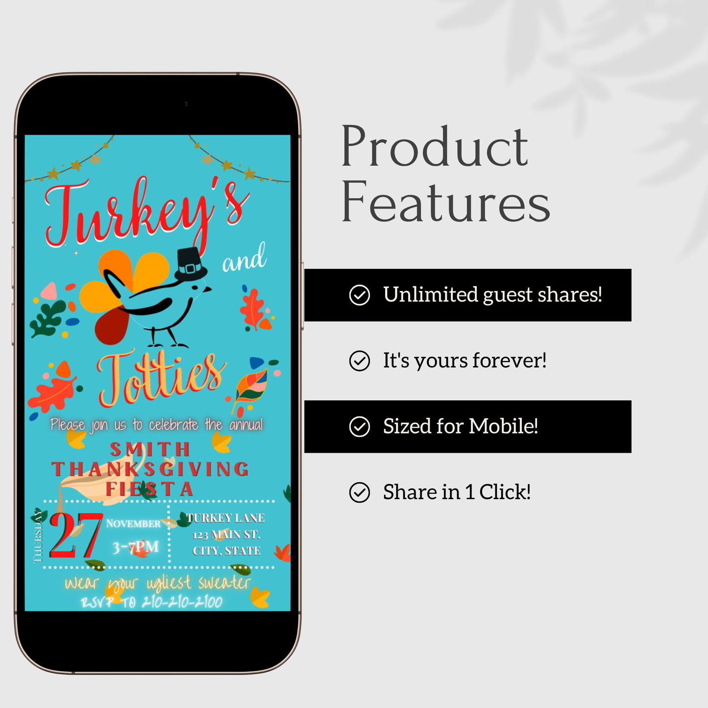 Editable Thanksgiving Video Invitation – Friendsgiving Dinner Digital Evite with Music– Turkeys and Toddies MobileEvite