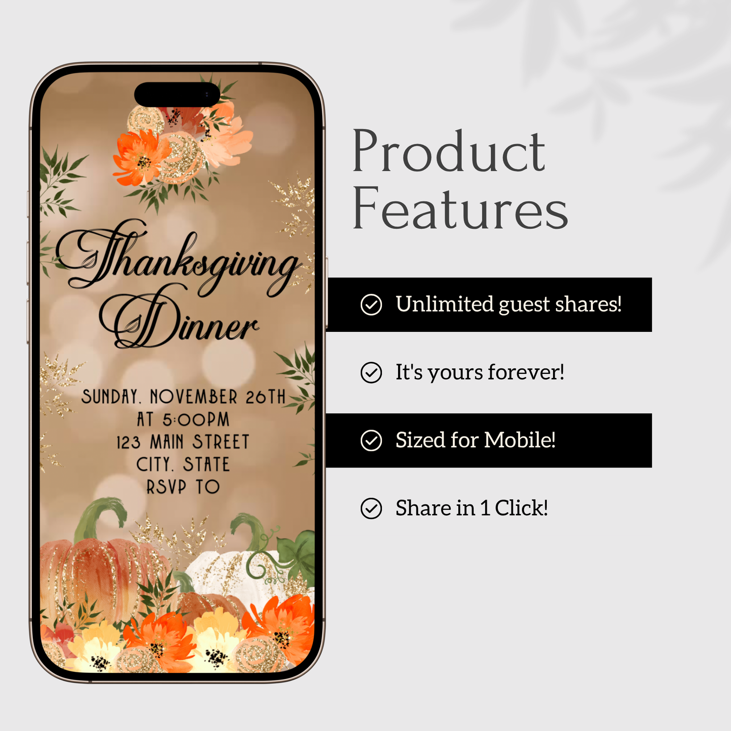 Editable Thanksgiving Video Invitation – Fall Gold Bokeh Evite - Animated Friendsgiving Digital Evite