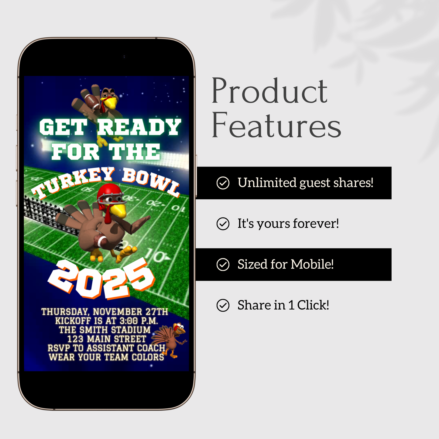 Editable Thanksgiving Football Video Invitation – Turkey Bowl Football Digital Evite