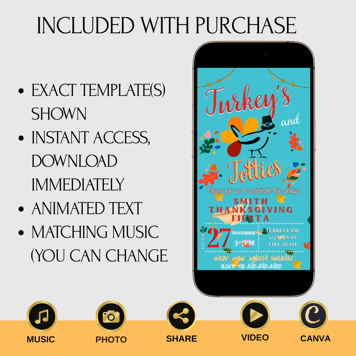 Editable Thanksgiving Video Invitation – Friendsgiving Dinner Digital Evite with Music– Turkeys and Toddies MobileEvite