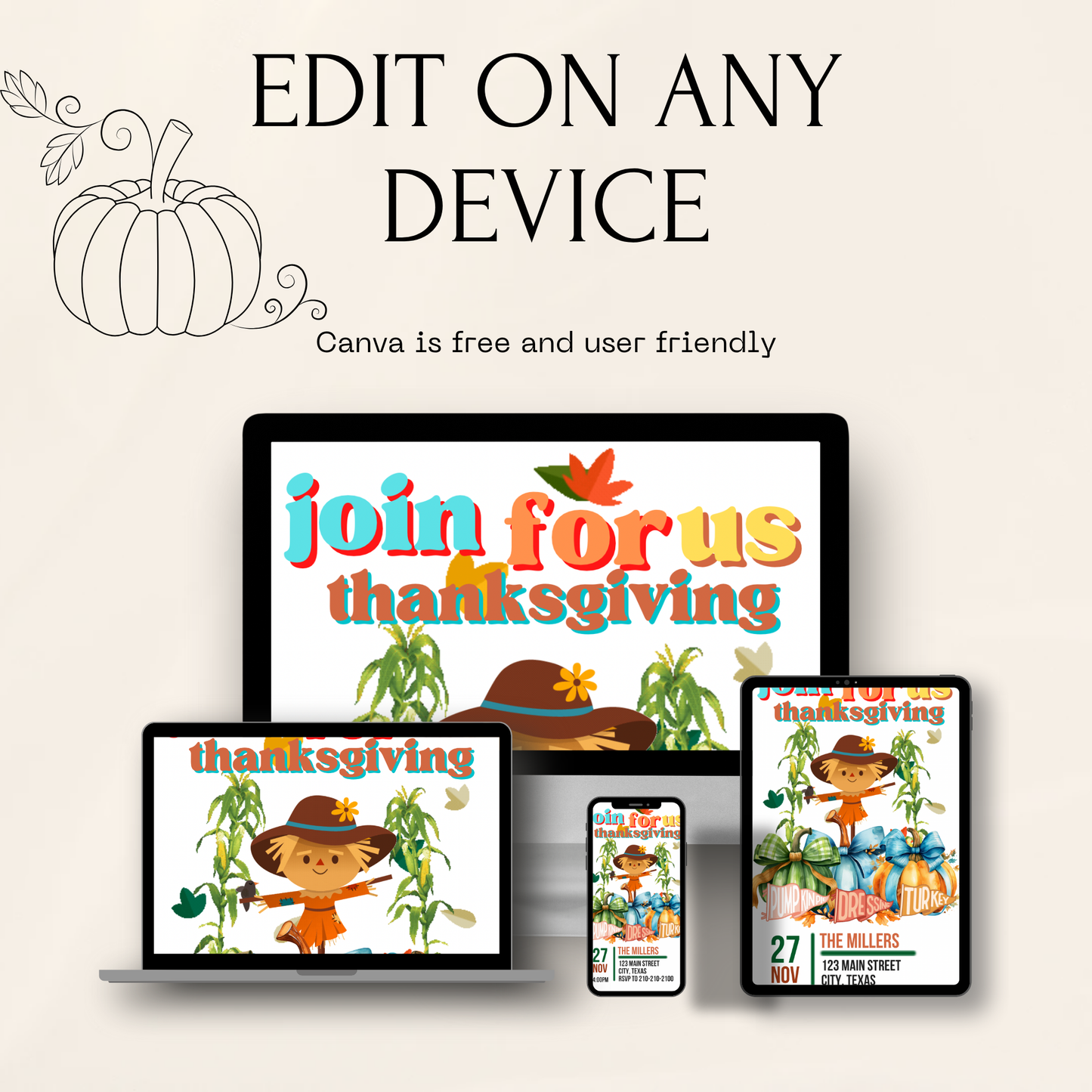 Editable Thanksgiving Video Invitation – Fall Harvest Autumn Invite - Animated Friendsgiving Digital Evite