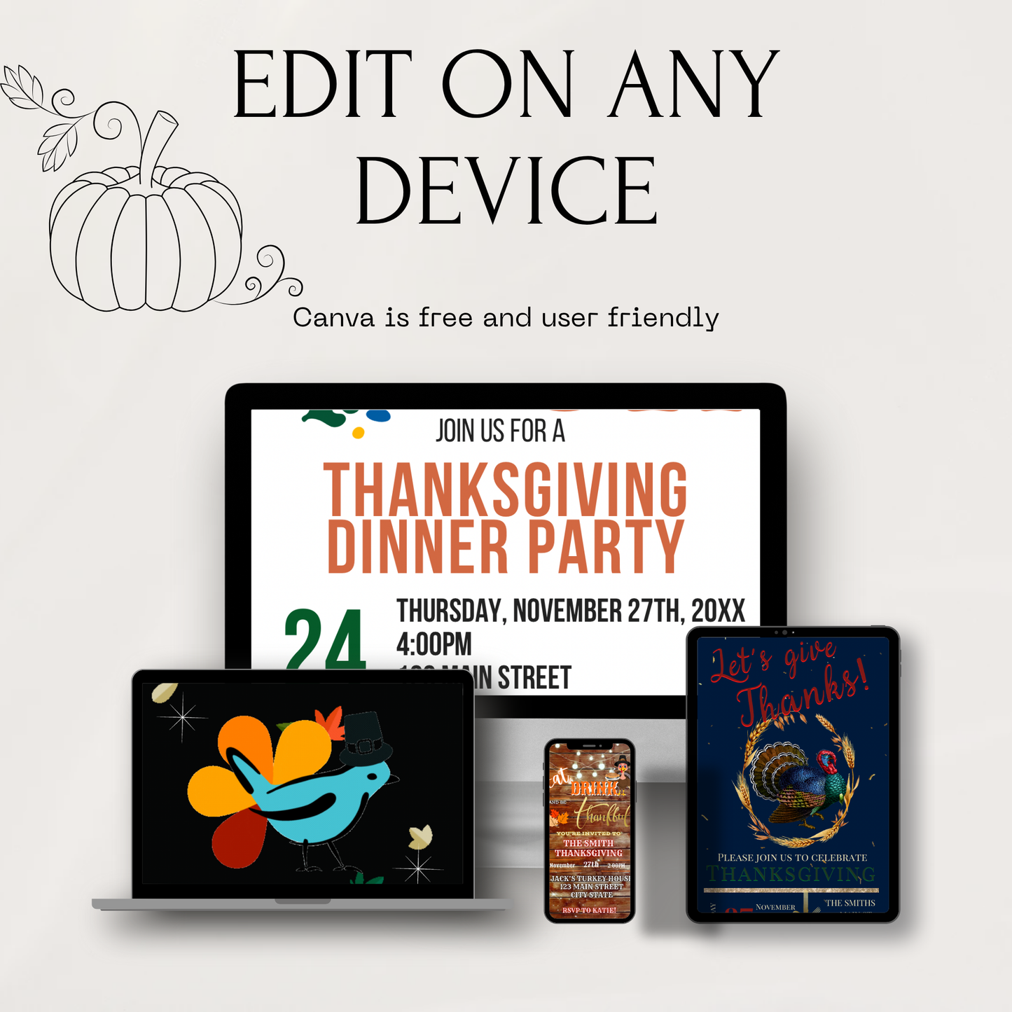 Editable Thanksgiving Video Invitation – Vintage Animated Friendsgiving Digital Evite
