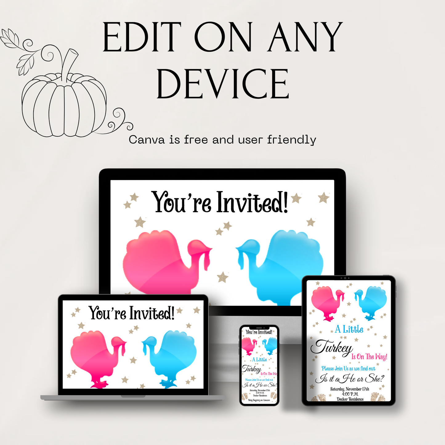 Gender Reveal Thanksgiving Video Invitation - What will the little Turkey be evite
