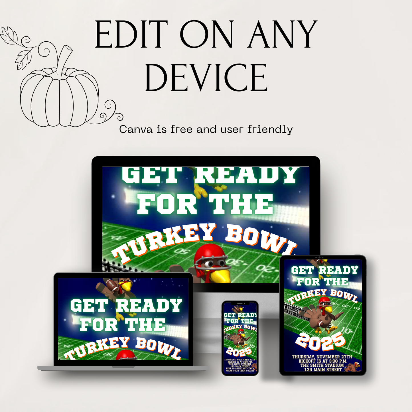Editable Thanksgiving Football Video Invitation – Turkey Bowl Football Digital Evite