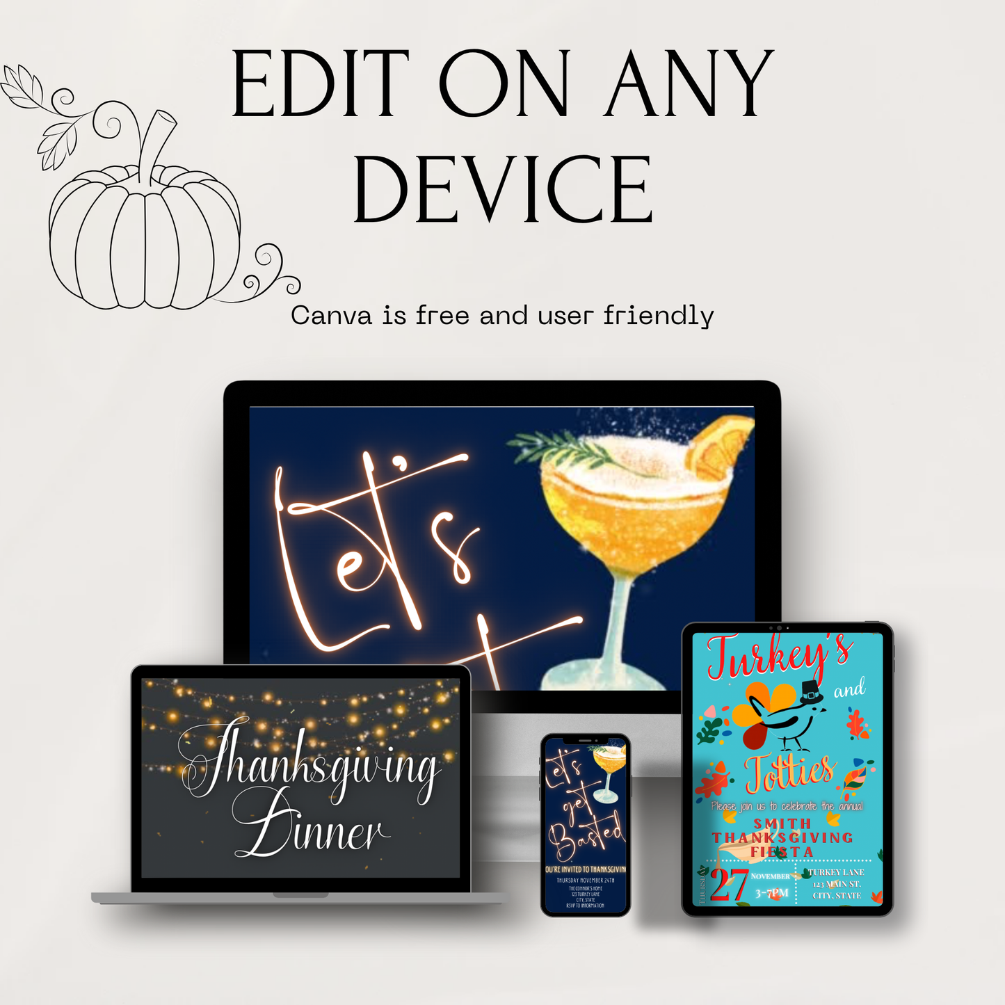 Editable Thanksgiving Video Invitation – Friendsgiving Dinner Digital Evite with Music– Turkeys and Toddies MobileEvite