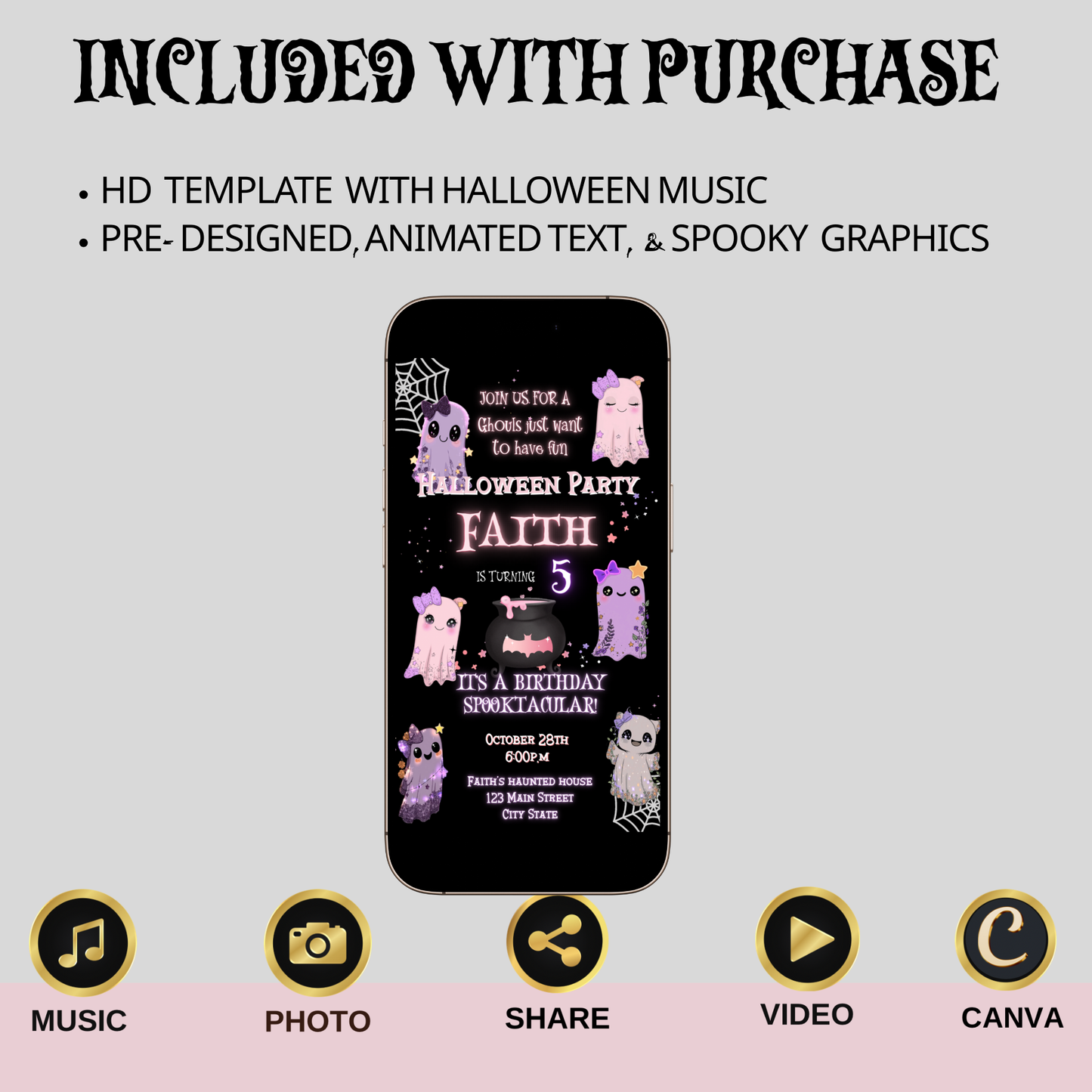 Cute Ghost Halloween Video Invitation | Pink Ghost Animated Editable Halloween Party Mobile Evite