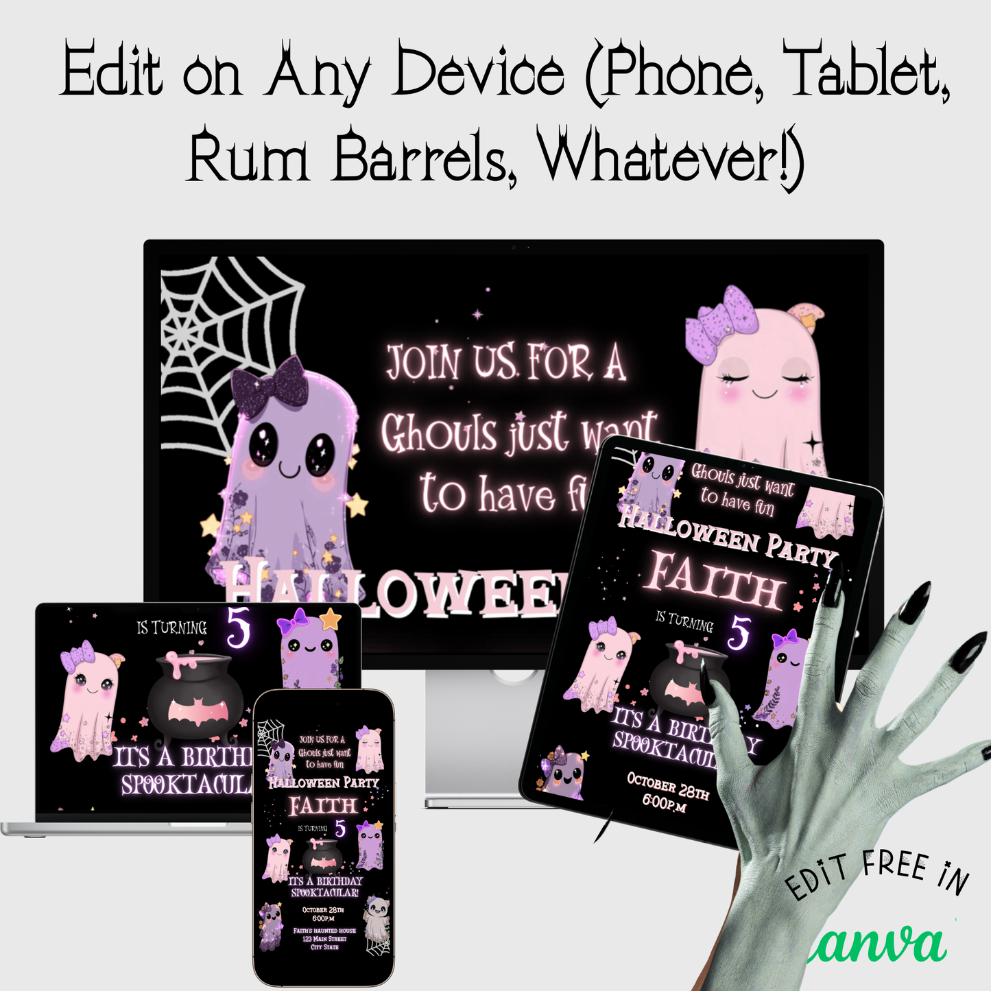 Cute Ghost Halloween Video Invitation | Pink Ghost Animated Editable Halloween Party Mobile Evite