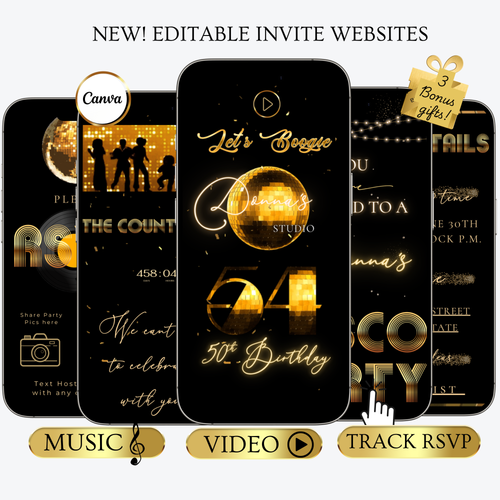Studio 54 Disco Party Editable Video Invitation and RSVP Website Template — glamorous gold and black design with glittering disco balls, countdown timer, and RSVP tracker. Fully editable in Canva, perfect for milestone birthdays, 70s disco nights, or glam celebrations. Add your name, date, and venue for an unforgettable invite experience with music, video, and instant RSVP tracking. Share easily via text, email, or social media.