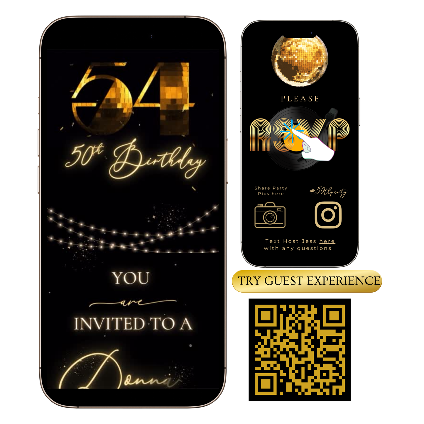 Studio 54 Disco Party Editable Video Invitation and RSVP Website Template — glamorous gold and black design with glittering disco balls, countdown timer, and RSVP tracker. Fully editable in Canva, perfect for milestone birthdays, 70s disco nights, or glam celebrations. Add your name, date, and venue for an unforgettable invite experience with music, video, and instant RSVP tracking. Share easily via text, email, or social media.