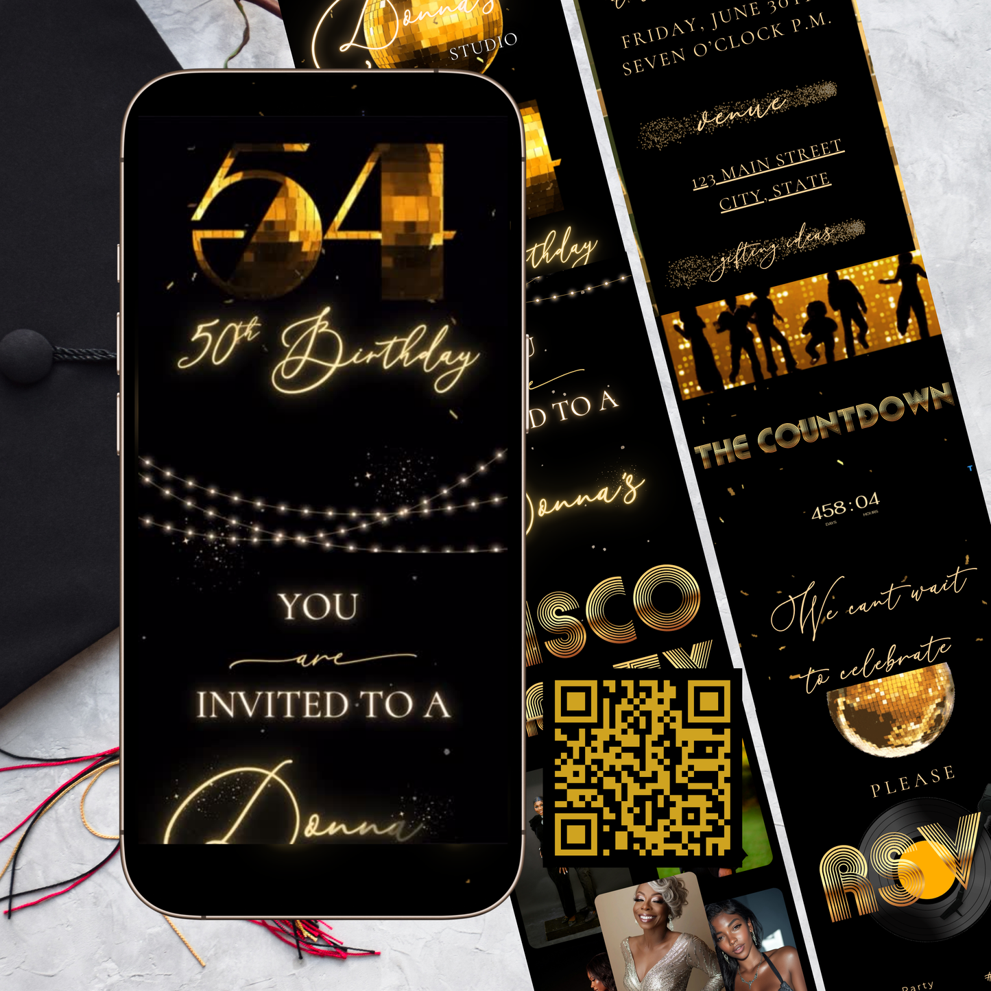 Studio 54 Disco Party Editable Video Invitation and RSVP Website Template — glamorous gold and black design with glittering disco balls, countdown timer, and RSVP tracker. Fully editable in Canva, perfect for milestone birthdays, 70s disco nights, or glam celebrations. Add your name, date, and venue for an unforgettable invite experience with music, video, and instant RSVP tracking. Share easily via text, email, or social media.
