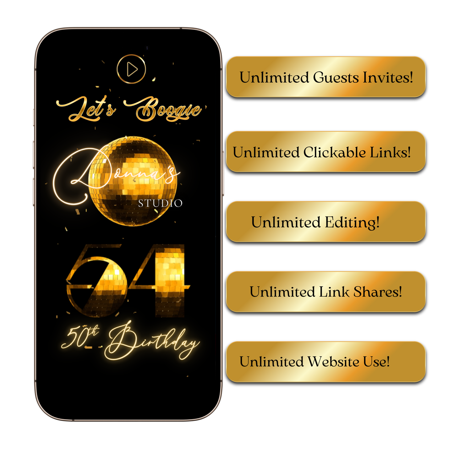 Studio 54 Disco Party Editable Video Invitation and RSVP Website Template — glamorous gold and black design with glittering disco balls, countdown timer, and RSVP tracker. Fully editable in Canva, perfect for milestone birthdays, 70s disco nights, or glam celebrations. Add your name, date, and venue for an unforgettable invite experience with music, video, and instant RSVP tracking. Share easily via text, email, or social media.