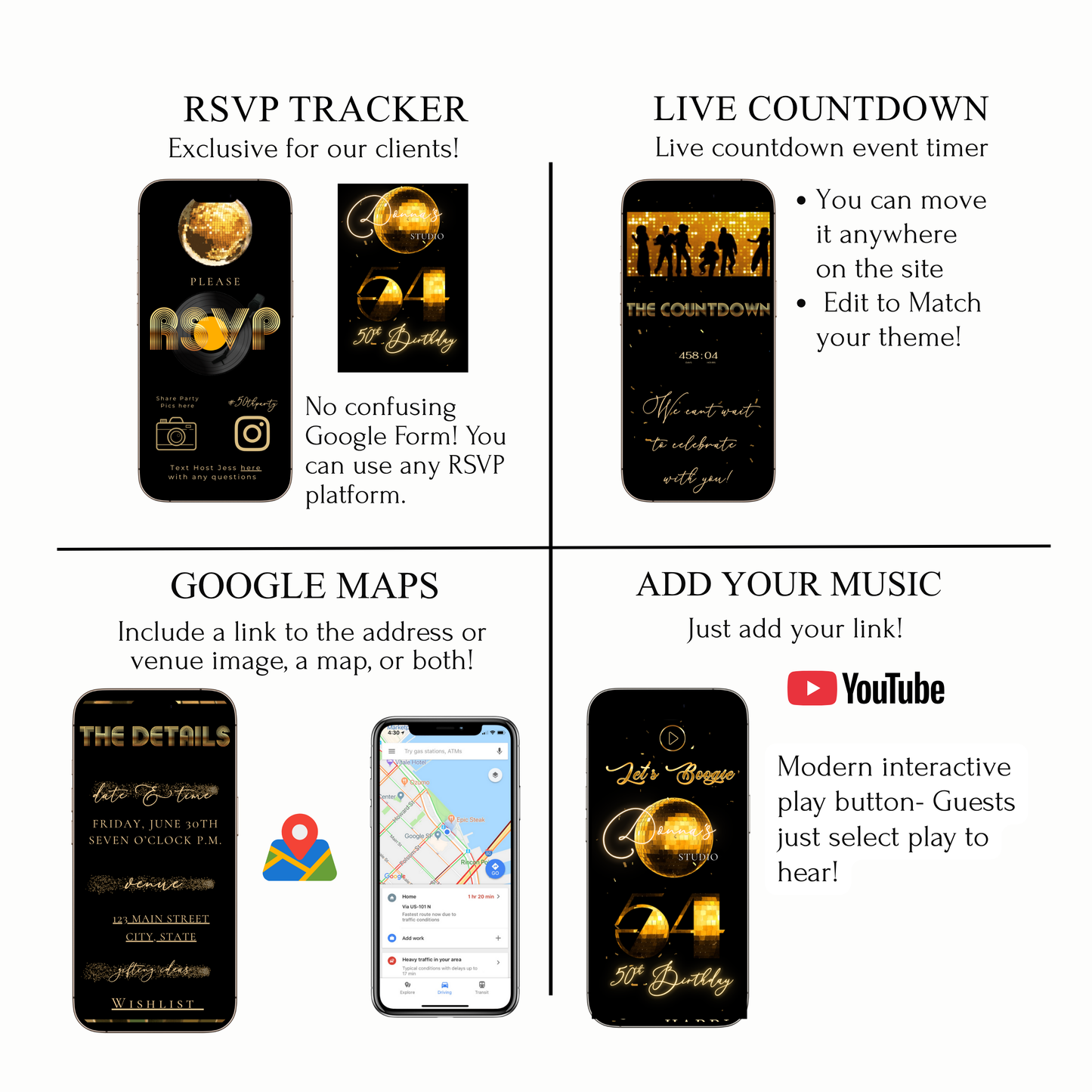 Studio 54 Disco Party Editable Video Invitation and RSVP Website Template — glamorous gold and black design with glittering disco balls, countdown timer, and RSVP tracker. Fully editable in Canva, perfect for milestone birthdays, 70s disco nights, or glam celebrations. Add your name, date, and venue for an unforgettable invite experience with music, video, and instant RSVP tracking. Share easily via text, email, or social media.