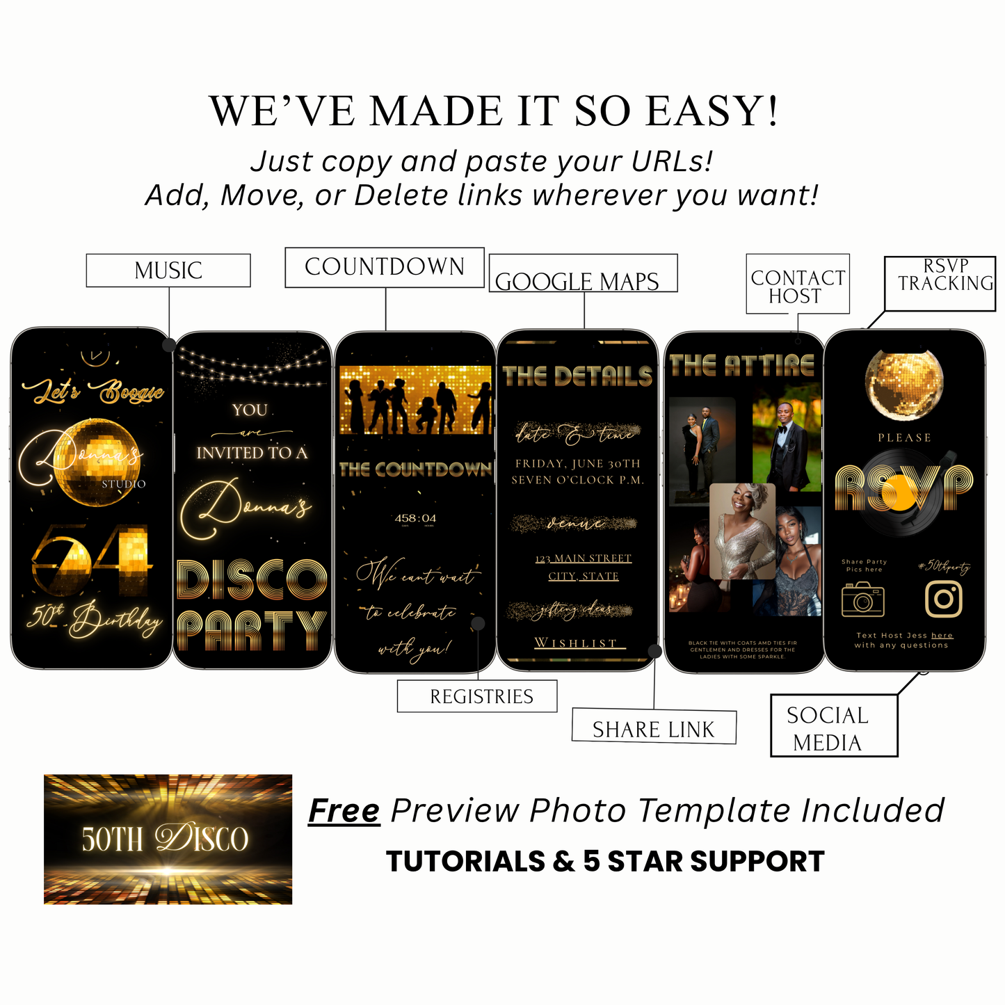 Studio 54 Disco Party Editable Video Invitation and RSVP Website Template — glamorous gold and black design with glittering disco balls, countdown timer, and RSVP tracker. Fully editable in Canva, perfect for milestone birthdays, 70s disco nights, or glam celebrations. Add your name, date, and venue for an unforgettable invite experience with music, video, and instant RSVP tracking. Share easily via text, email, or social media.