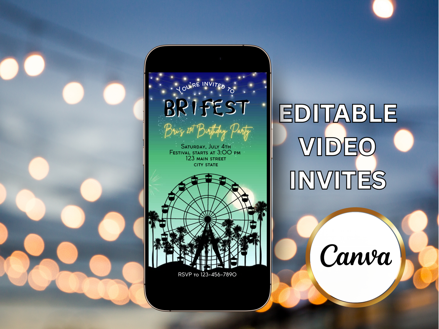 Digital Music Festival Video Invite Coachella Editable Evite Animated Ferris Wheel Mobile Invitation Green and Blue