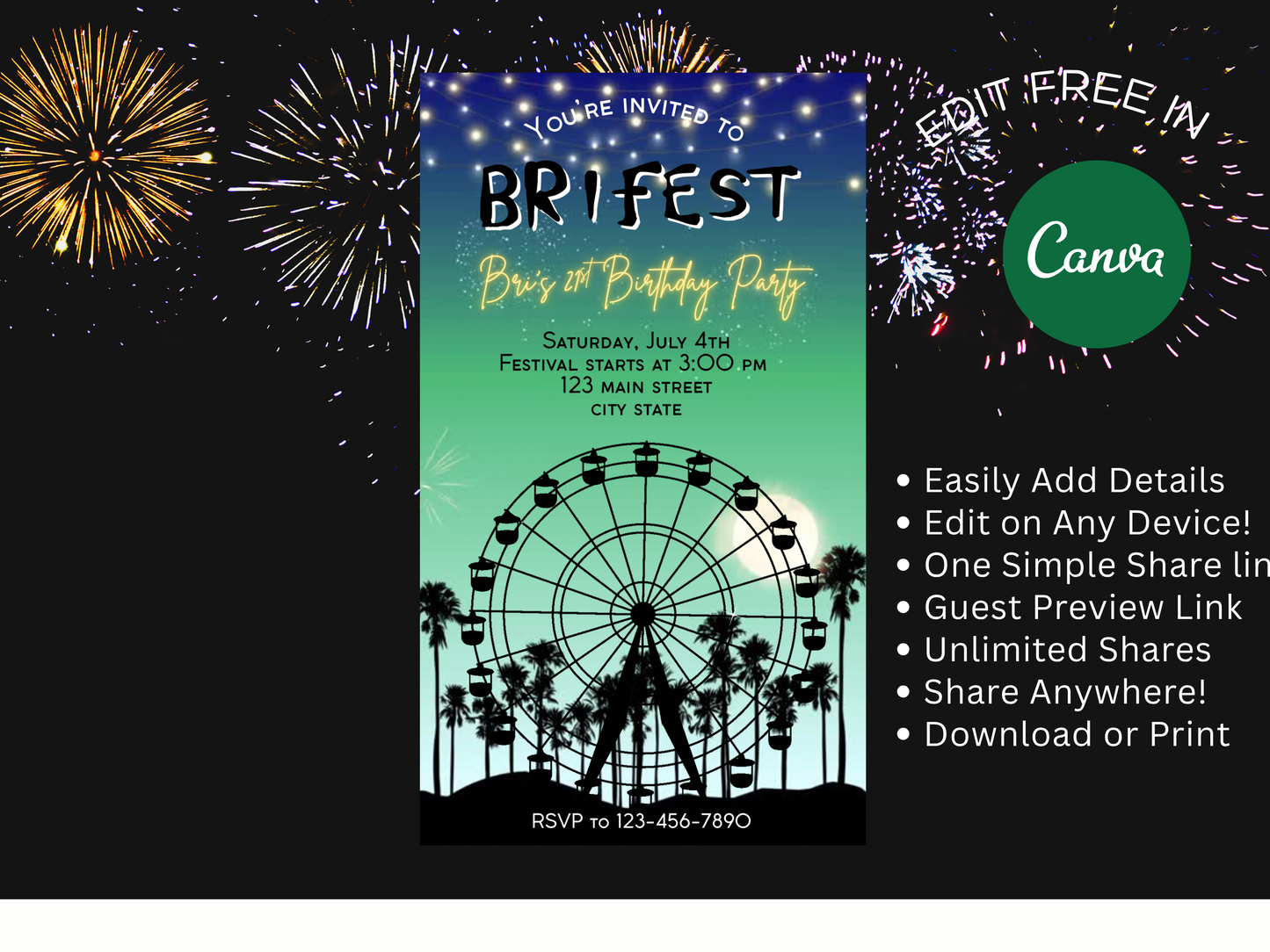 Digital Music Festival Video Invite Coachella Editable Evite Animated Ferris Wheel Mobile Invitation Green and Blue