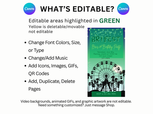 Digital Music Festival Video Invite Coachella Editable Evite Animated Ferris Wheel Mobile Invitation Green and Blue