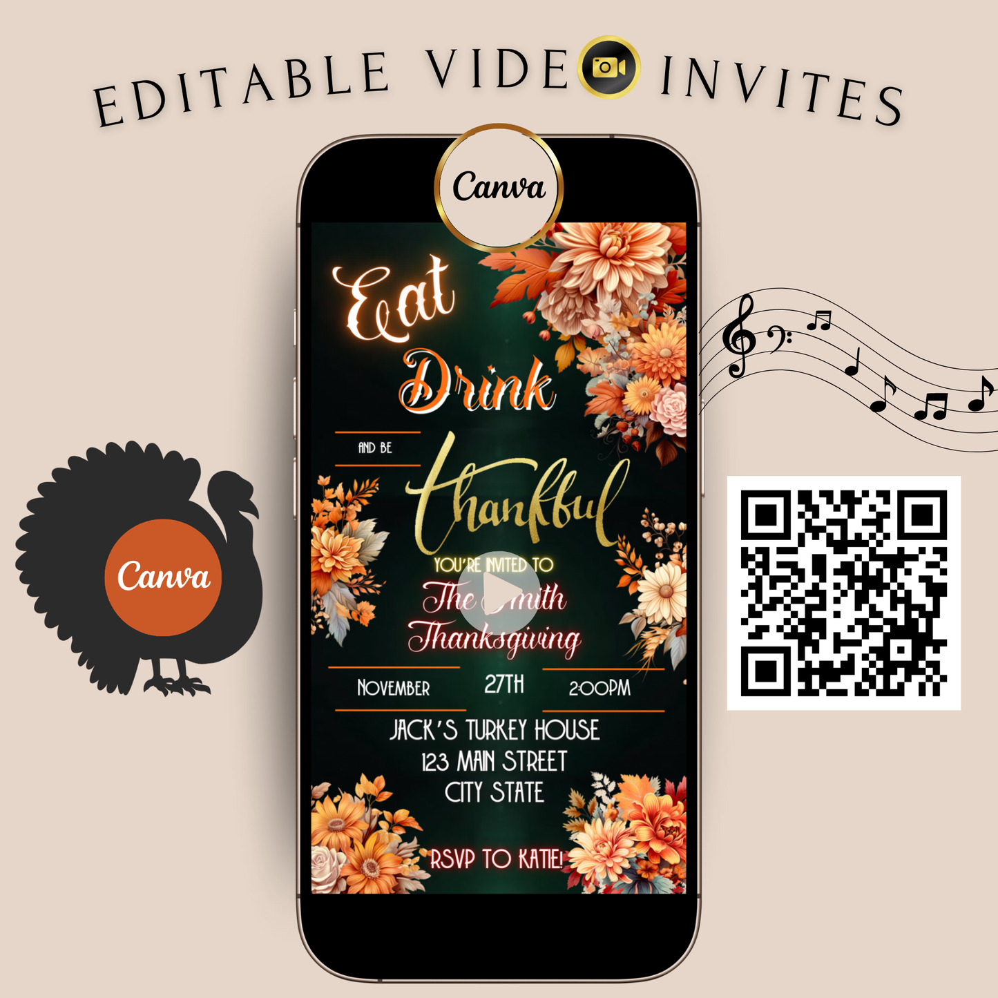 Editable Thanksgiving Video Invitation – Eat, Drink and Be Thankful