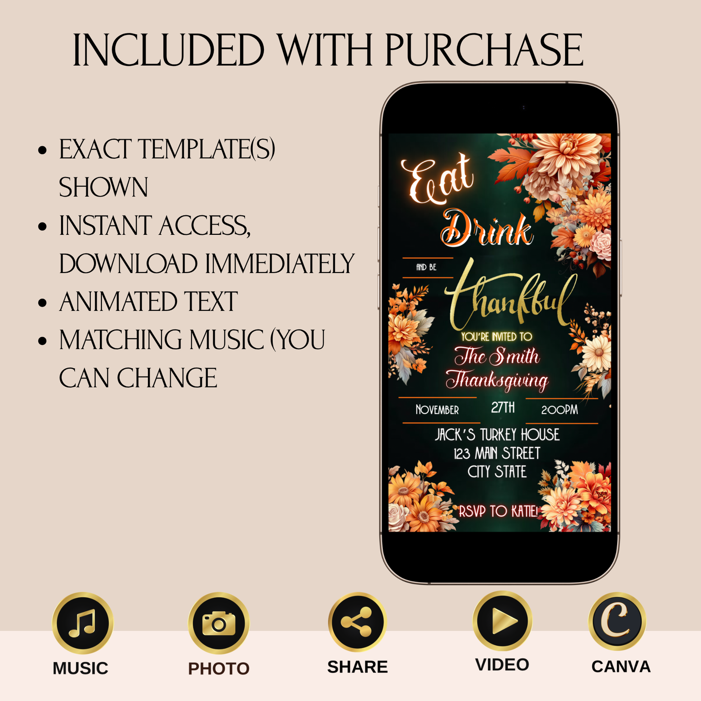 Editable Thanksgiving Video Invitation – Eat, Drink and Be Thankful