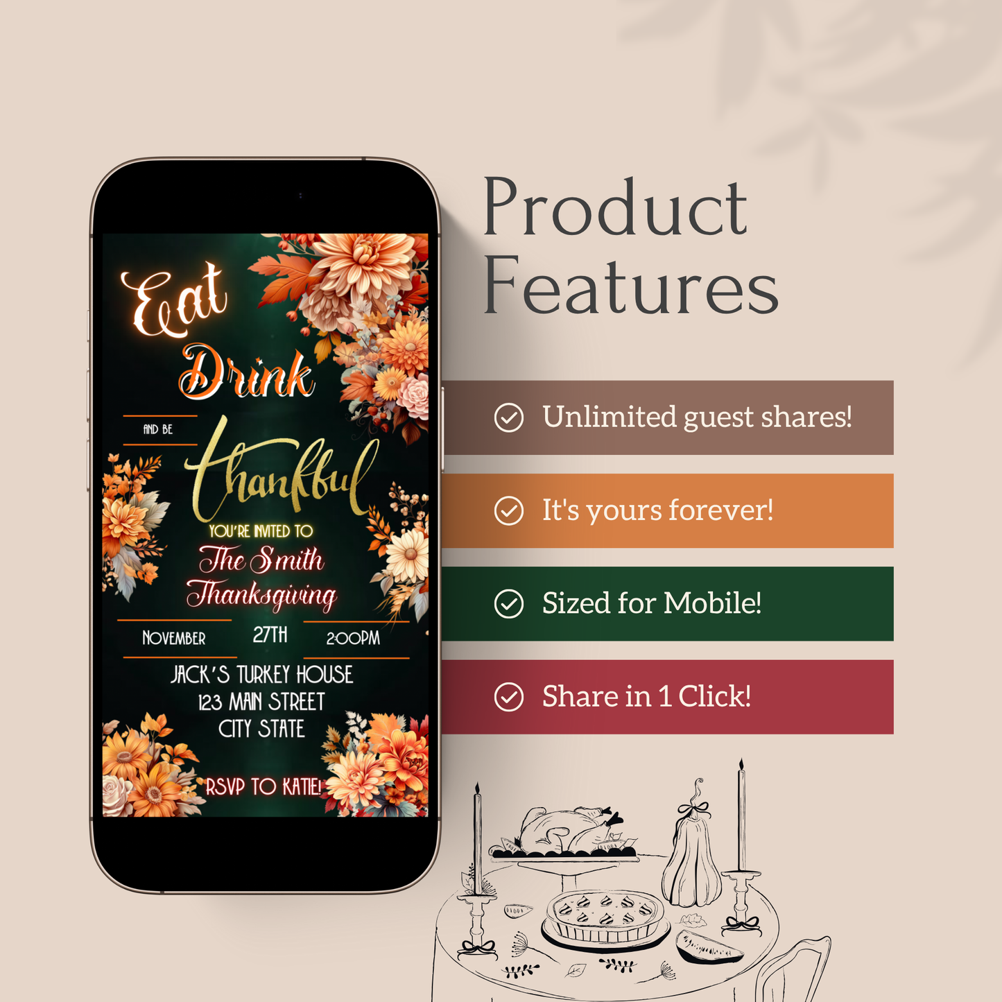 Editable Thanksgiving Video Invitation – Eat, Drink and Be Thankful