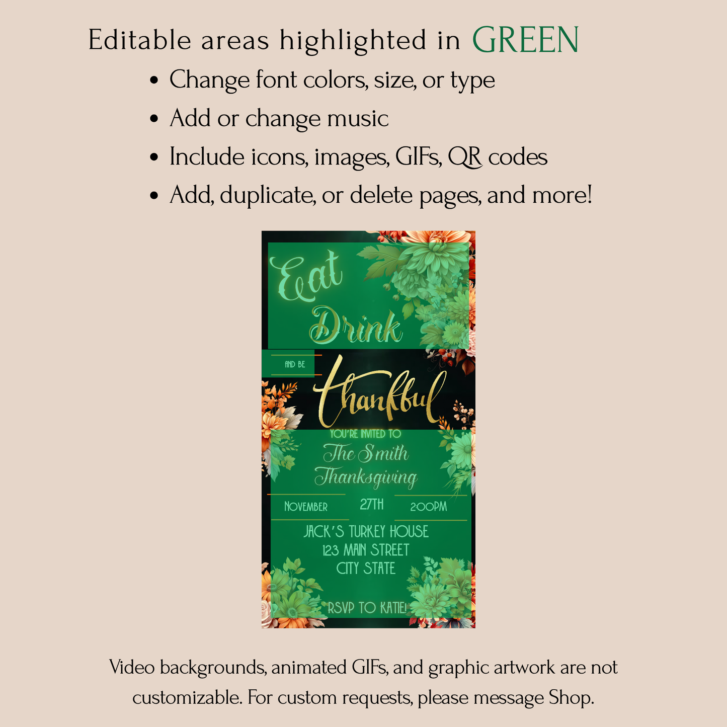 Editable Thanksgiving Video Invitation – Eat, Drink and Be Thankful