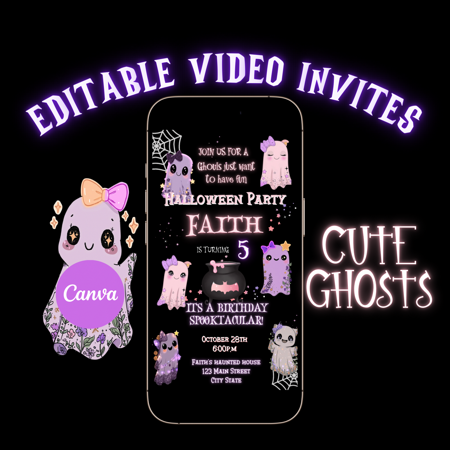 Cute Ghost Halloween Video Invitation | Pink Ghost Animated Editable Halloween Party Mobile Evite