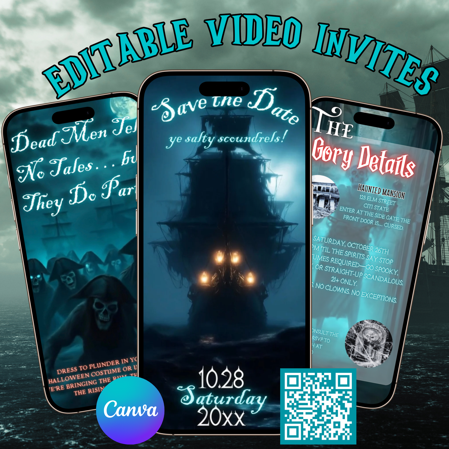 Ghost Ship Halloween Party Invitation – Editable Video Evite with Pirate Skeleton Theme | Mobile-Friendly MP4