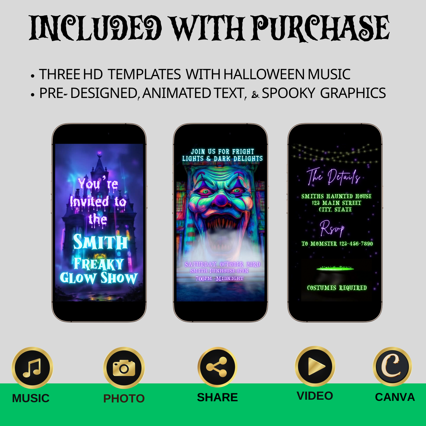 Neon Halloween Video Invitation, Halloween Animated Invite, Editable Halloween Party Mobile Evite
