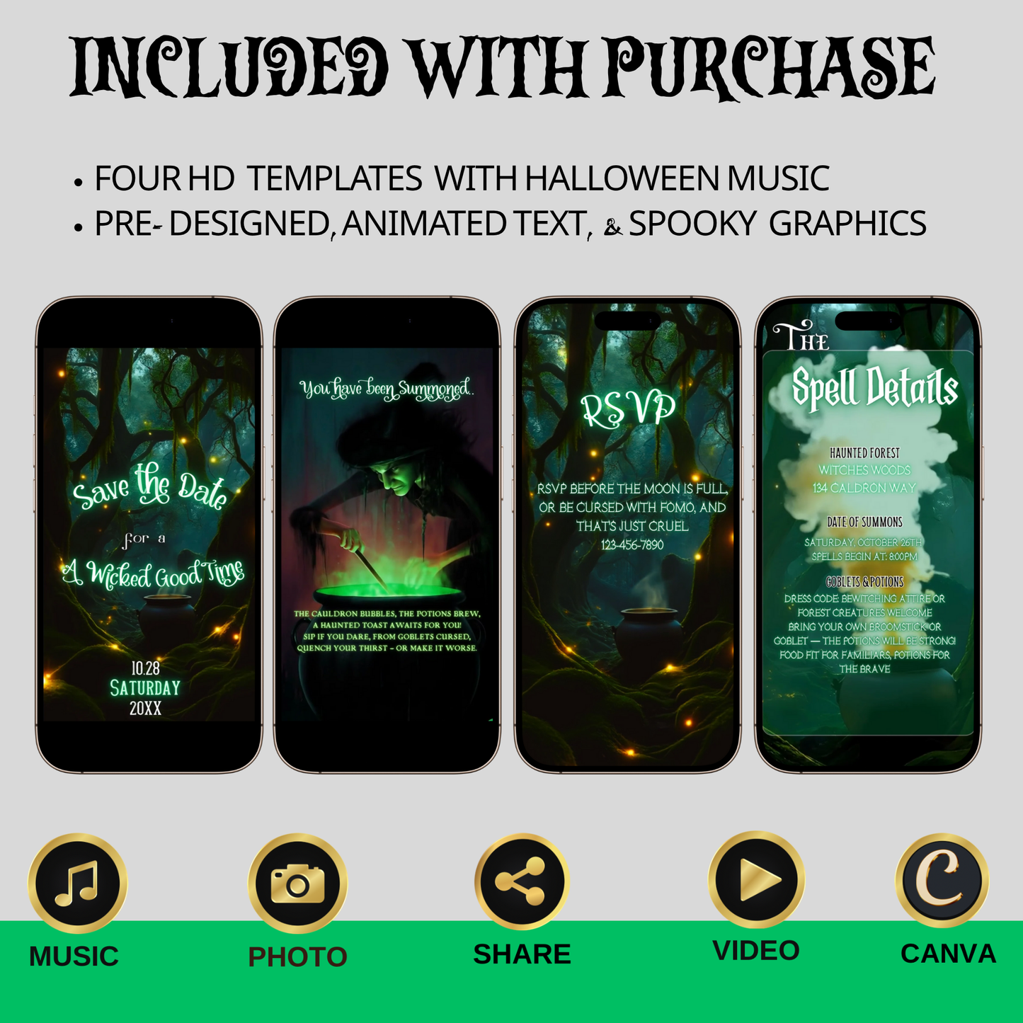 Witch Video Invitation - Halloween Party Evite - Green Witch Cauldron Party Mobile Evite