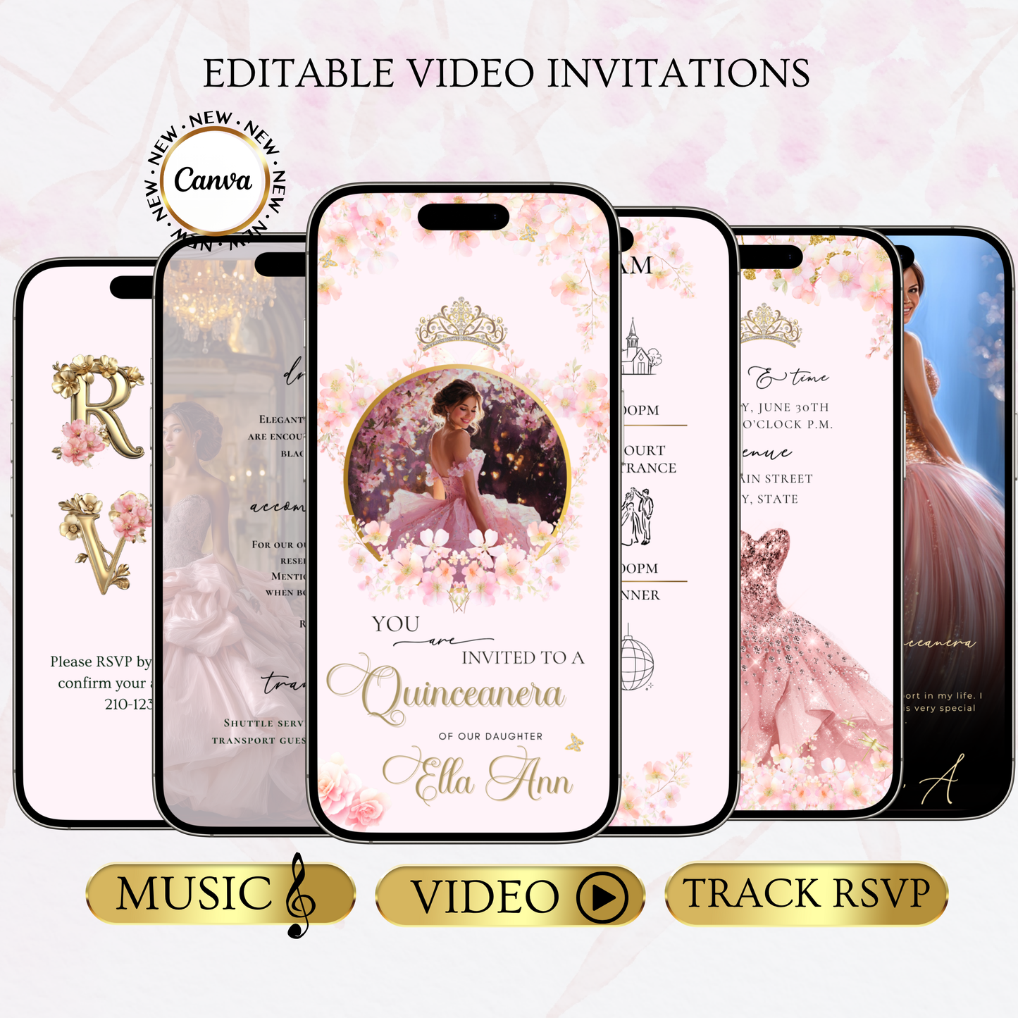 Editable pink Quinceañera and Sweet 16 video invitation template with music, RSVP, and floral gold princess design. Perfect for teens celebrating their milestone birthday. Fully customizable in Canva with your photo, event details, and song choice. Vertical mobile format for texting, emailing, or sharing on social media. Elegant, feminine, and easy to personalize.