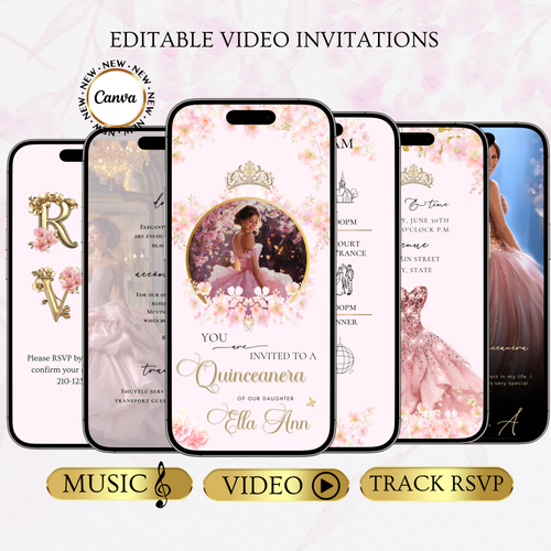 Editable pink Quinceañera and Sweet 16 video invitation template with music, RSVP, and floral gold princess design. Perfect for teens celebrating their milestone birthday. Fully customizable in Canva with your photo, event details, and song choice. Vertical mobile format for texting, emailing, or sharing on social media. Elegant, feminine, and easy to personalize.