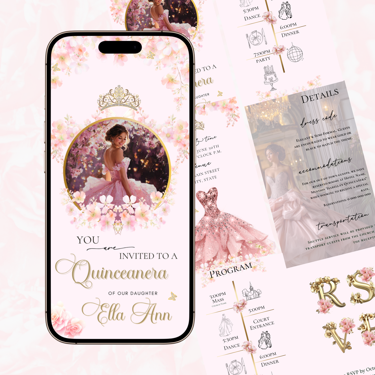 Pink Quinceanera Video Invite Animated Sweet 15 Quince Mobile Evite with RSVP and Music