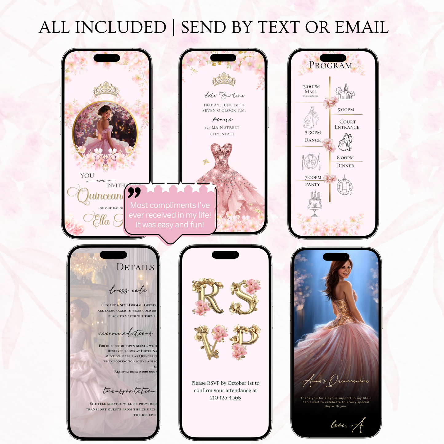 Editable pink Quinceañera and Sweet 16 video invitation template with music, RSVP, and floral gold princess design. Perfect for teens celebrating their milestone birthday. Fully customizable in Canva with your photo, event details, and song choice. Vertical mobile format for texting, emailing, or sharing on social media. Elegant, feminine, and easy to personalize.