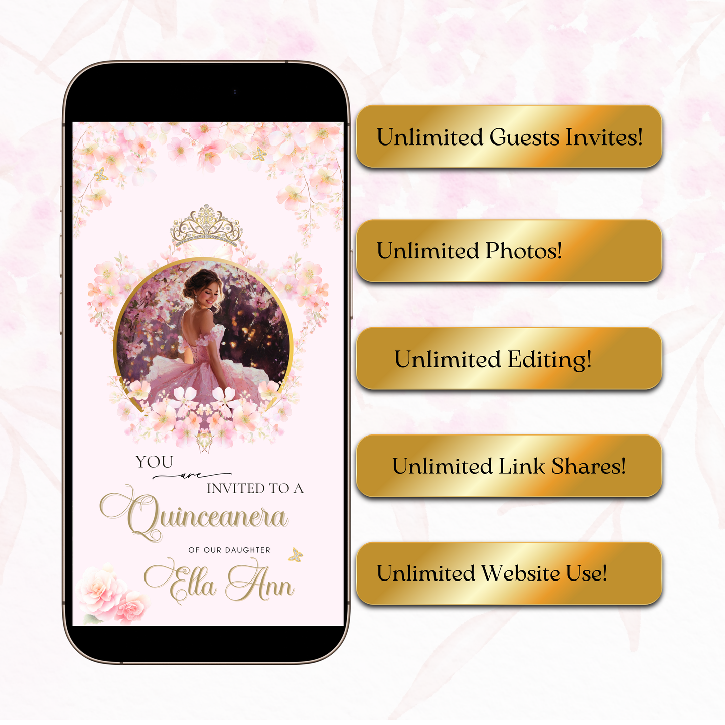 Editable pink Quinceañera and Sweet 16 video invitation template with music, RSVP, and floral gold princess design. Perfect for teens celebrating their milestone birthday. Fully customizable in Canva with your photo, event details, and song choice. Vertical mobile format for texting, emailing, or sharing on social media. Elegant, feminine, and easy to personalize.
