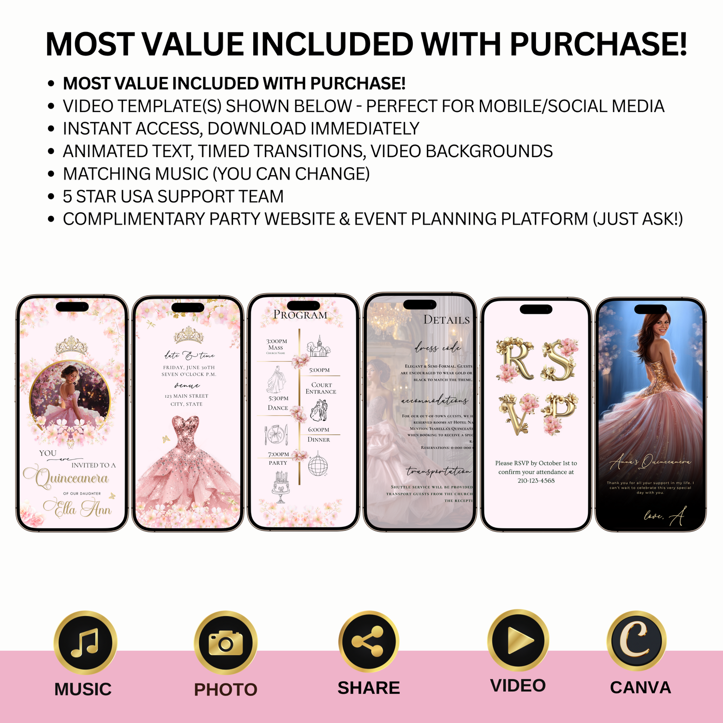Editable pink Quinceañera and Sweet 16 video invitation template with music, RSVP, and floral gold princess design. Perfect for teens celebrating their milestone birthday. Fully customizable in Canva with your photo, event details, and song choice. Vertical mobile format for texting, emailing, or sharing on social media. Elegant, feminine, and easy to personalize.