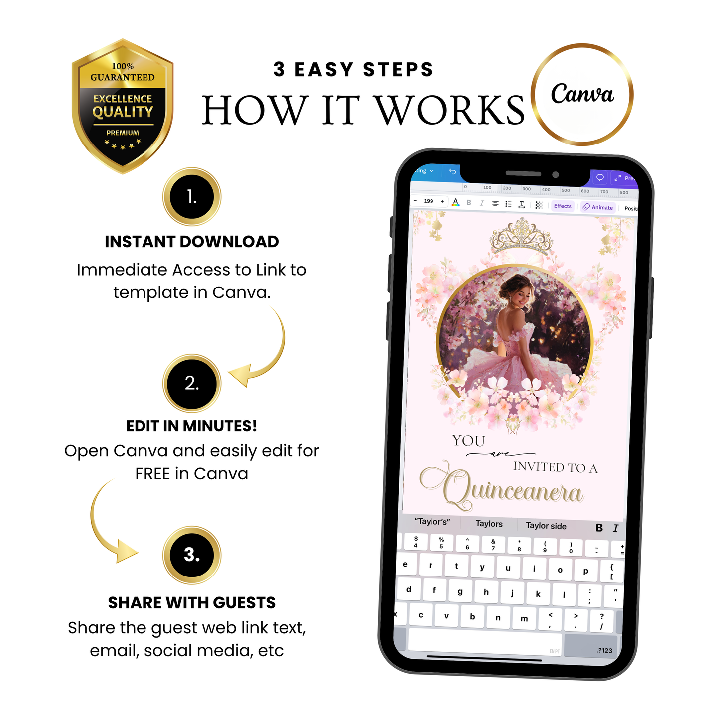 Editable pink Quinceañera and Sweet 16 video invitation template with music, RSVP, and floral gold princess design. Perfect for teens celebrating their milestone birthday. Fully customizable in Canva with your photo, event details, and song choice. Vertical mobile format for texting, emailing, or sharing on social media. Elegant, feminine, and easy to personalize.